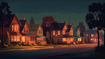 At night, a landscape of an empty suburban street with a house. Background of a neighborhood residential dwelling, Generative AIの素材