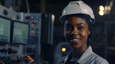 Smile black female industrial electrical engineer with a safety hardhat on her head standing in front of a control panel, touching display monitor CNC machines in factory, AI Generativeの素材