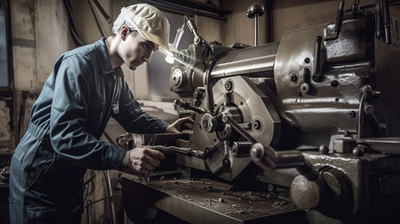 Engineer in a jumpsuit and white hardhat operating a lathe., AI Generativeの素材