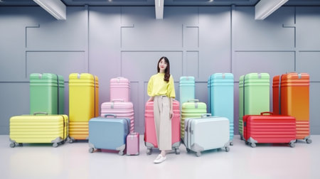 smile Asia woman in airport with multicolored suitcases, Travel concept, Generative AIの素材