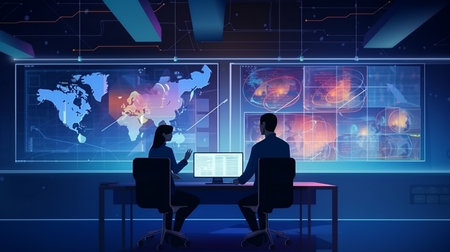 Project Manager and Computer Science Engineer Watch Telecommunications Infrastructure Infographics on Large Screen and Laptop Generative AI in the Control and Monitoring Roomの素材