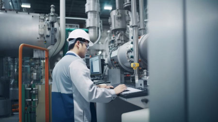 A professional worker at a modern industry uses a laptop to control automatic machines. Laptop for engineering Generative AI, Programmable Logic Controllerの素材