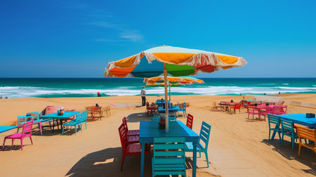 On a beautiful day, a colorful array of pleasant refreshments, The location is set on a beach with crystal clear waves and a bright blue, Generative AIの素材