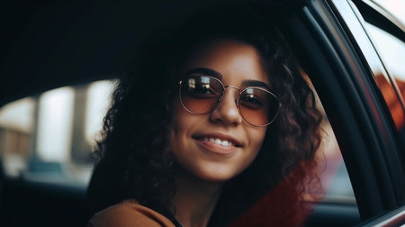 Happy automobile for a nice young lady. Consider a lovely young woman driving a car and smiling. Generative AI portrait of a steering car with a cheerful woman driverの素材