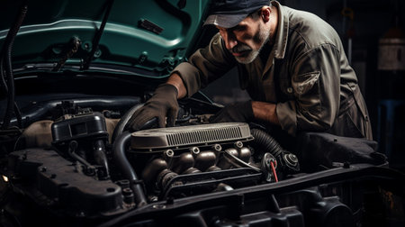 Professional mechanic in the workshop servicing an automobile engine, Generative AIの素材