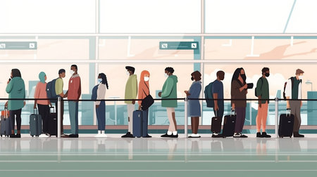 Side view of multiracial individuals waiting in an airport hall to check in, Generative AIの素材