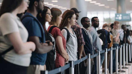 Side view of multiracial individuals waiting in an airport hall to check in, Generative AIの素材