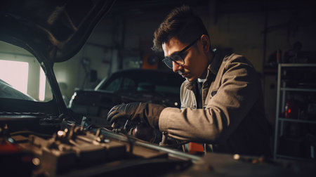 Professional mechanic in the workshop servicing an automobile engine, Generative AIの素材