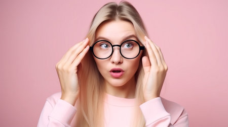 Hands touch glasses open lips portrait of shocked optimistic person isolated on beige hue background, Generative AIの素材