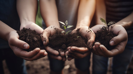 Preserve our valuable resources. Cropped image of a group of people holding plants that have sprung from the earth, Generative AIの素材