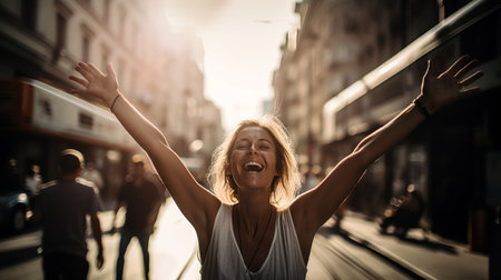 Enthusiastic woman on the street stretches her arms wide, Generative AIの素材