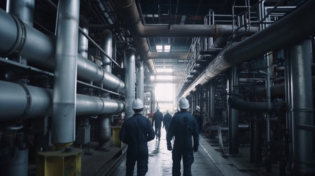 Inside a refinery production plant, industrial workers or engineers walk by gas pipelines, Generative AIの素材