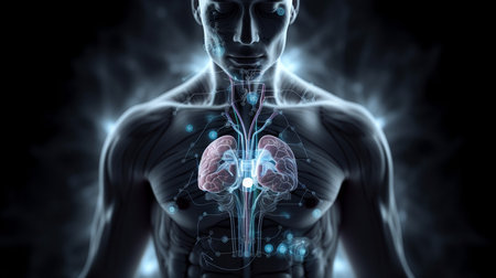 a medical background with a technology design over a guy body with a highlighted brain, Generative AIの素材