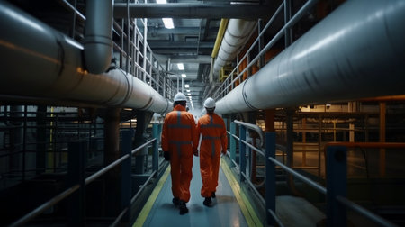 Inside a refinery production plant, industrial workers or engineers walk by gas pipelines, Generative AIの素材