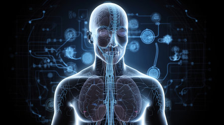 a medical background with a technology design over a guy body with a highlighted brain, Generative AIの素材