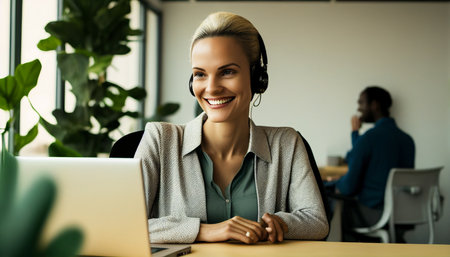 In an office meeting, a businesswoman smiles. Generative AIの素材