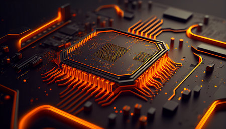 Advanced Technological Concept with Microchip, Orange Neon Data goes from the CPU to a Futuristic Motherboard, where Generative AI is used.の素材