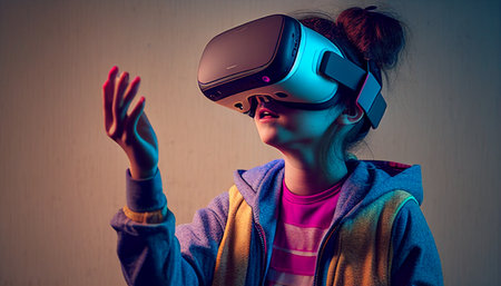 A girl using a virtual reality headset, Generative AIの素材