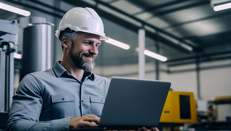 chief engineer smiling while wearing a safety helmet laptop mobile Successful and attractive man in a modern corporate context, Generative AIの素材