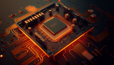 Advanced Technological Concept with Microchip, Orange Neon Data goes from the CPU to a Futuristic Motherboard, where Generative AI is used.の素材