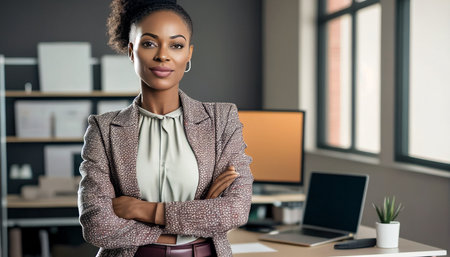 Young successful African American lady entrepreneur or office worker poses with arms crossed beside a desk in a modern workplace, smiling at the camera. The Generative AIの素材