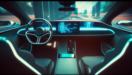 Interior of driverless automobile with future dashboard for autonomous control system, Generative AIの素材