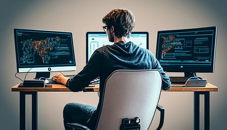 a young man reclines Generative AI was created on a coding chair with three computers.の素材