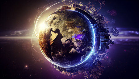 Generative AI on a high-tech digital abstract background with technology gear and the earth.の素材