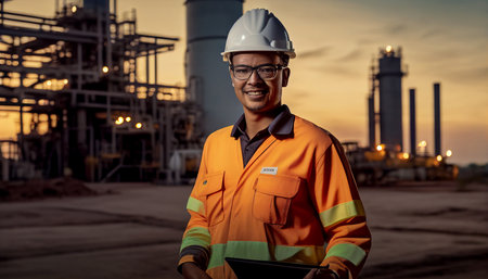 Smiling full-body refinery engineer working and conversing in front of an industrial oil and gas plant, oil refinery industry, Generative AIの素材