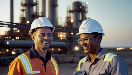 Engineers smiling and discussing in front of oil and gas sector plant industrial oil refineries, Generative AIの素材