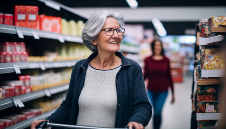 In a department store, a smiling middle-aged woman pushes a shopping cart, walks around the shelves, and selects things. The Generative AIの素材