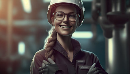 Half-body, smiling female worker wearing safety gloves at oil and gas refineries, Generative AIの素材