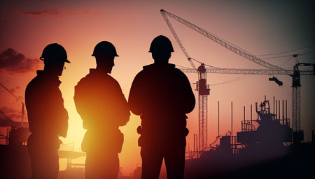 Silhouette of an engineer and his construction team working on a construction site against a hazy background of a sunset pastel for an industry background with Light fair, Generative AIの素材