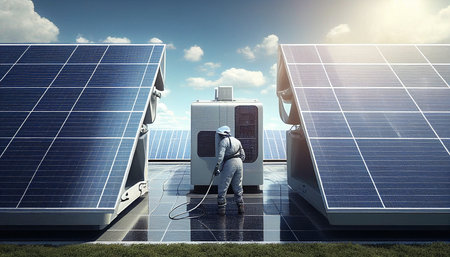 Generative AI, man washing and cleaning solar panelsの素材