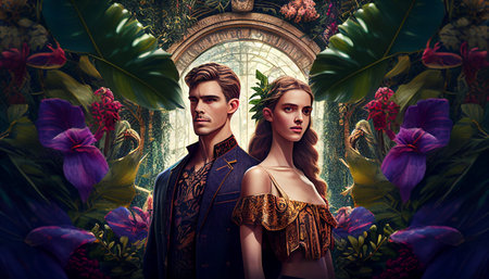 A lovely woman and man stand in front of a lush background landscape, rainforest, flowers, rain, sun rays, and Generative AI.の素材