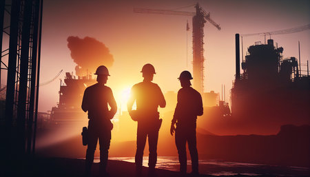 Silhouette of an engineer and his construction team working on a construction site against a hazy background of a sunset pastel for an industry background with Light fair, Generative AIの素材