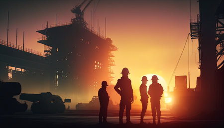 Silhouette of an engineer and his construction team working on a construction site against a hazy background of a sunset pastel for an industry background with Light fair, Generative AIの素材