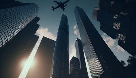 Generative AI, business towers with an airplane silhouetteの素材