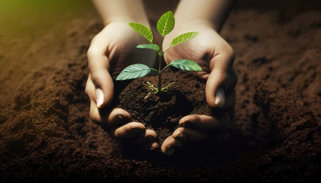 Young tree being held by hand for planting. Earth Day concept, Generative AIの素材