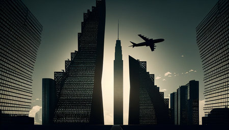 Generative AI, business towers with an airplane silhouetteの素材