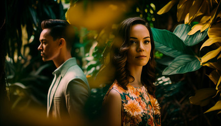 A lovely woman and man stand in front of a lush background landscape, rainforest, flowers, rain, sun rays, and Generative AI.の素材