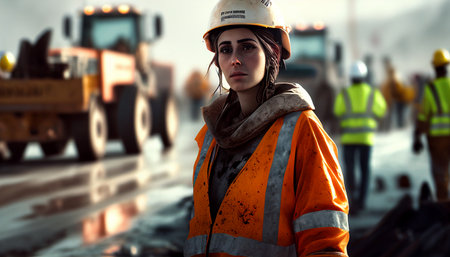 Generative AI, female road construction workerの素材