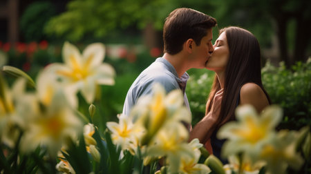 Generative AI dating couple cuddling in the lily gardenの素材