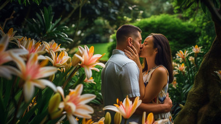 Generative AI dating couple cuddling in the lily gardenの素材