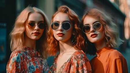Three young, attractive hipster women posing in the street while wearing fashionable summer clothing. positive models enjoying themselves, close to an art wall, going bonkers, sunglasses The Generative AIの素材