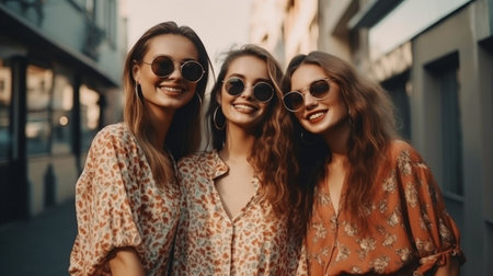 Three young, attractive hipster women posing in the street while wearing fashionable summer clothing. positive models enjoying themselves, close to an art wall, going bonkers, sunglasses The Generative AIの素材