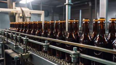 beverage production line with Generative AI, a brewery conveyor, a sophisticated production line, and brown glass beer bottlesの素材