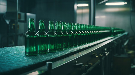 beverage production line with Generative AI, a brewery conveyor, a sophisticated production line, and brown glass beer bottlesの素材