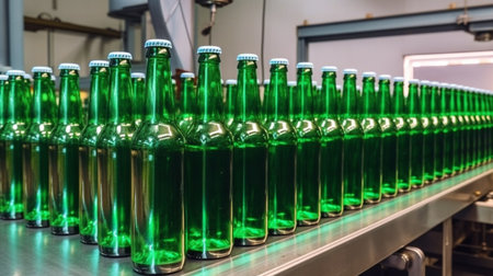beverage production line with Generative AI, a brewery conveyor, a sophisticated production line, and brown glass beer bottlesの素材