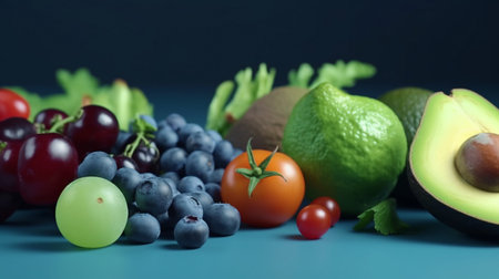 Blueberries, cherry tomatoes, avocados, broccoli, kiwis, and green apples on a blue background are examples of fruit and vegetables. Generative AIの素材